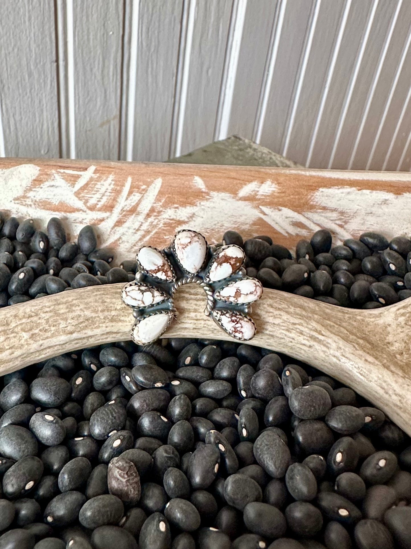 Sterling Silver & White Buffalo Half Cluster Adjustable Ring