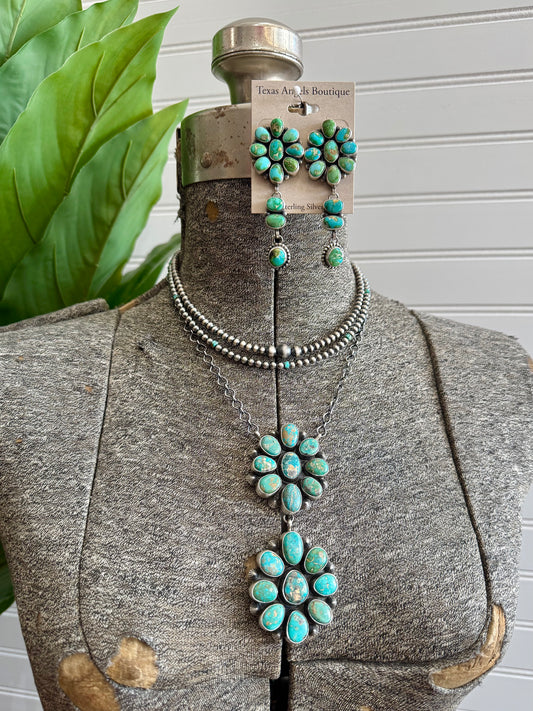 Navajo Handmade Silver Sonoran Gold Turquoise Cluster Necklace