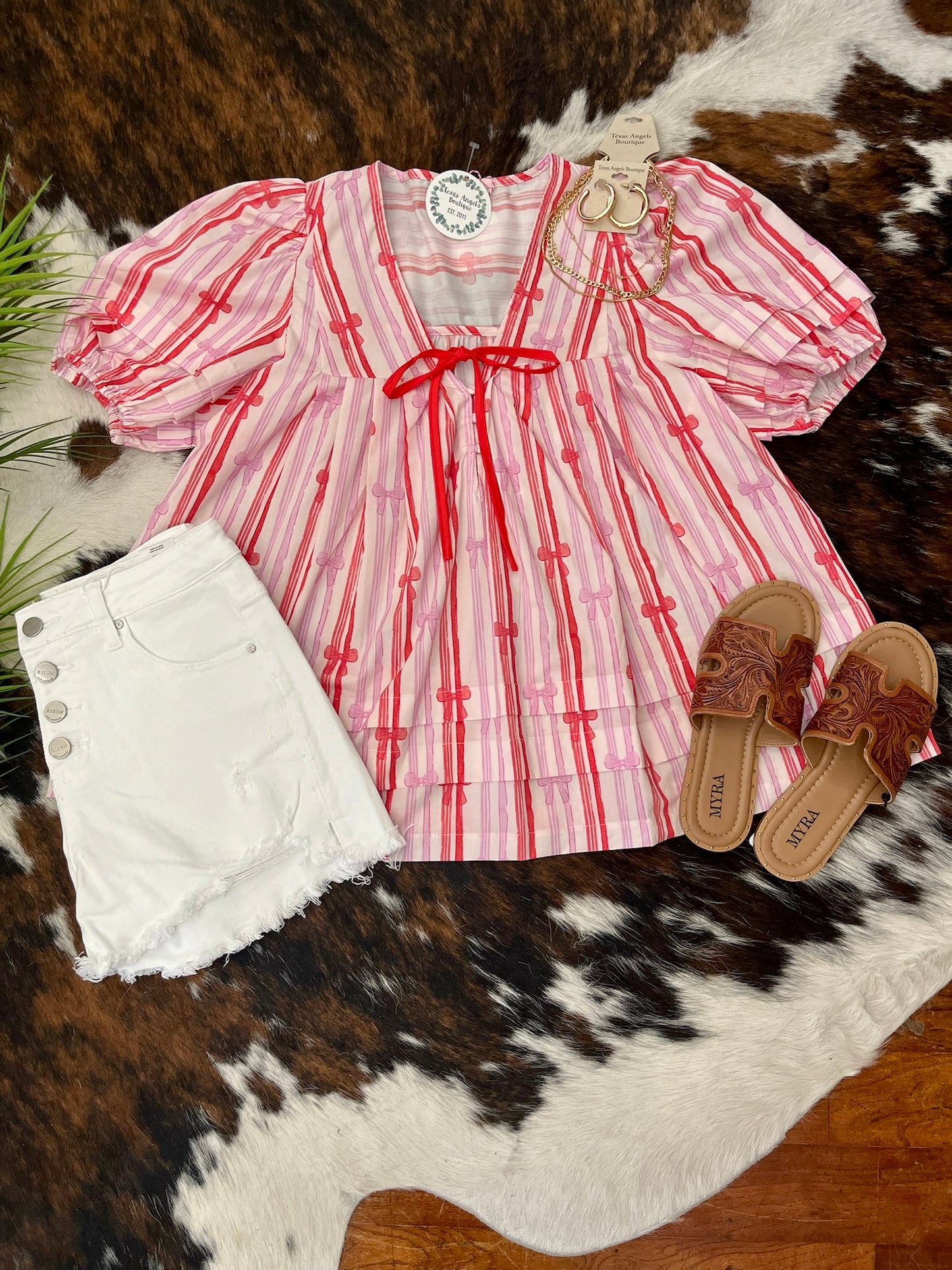 Red, White & Bows Striped Top