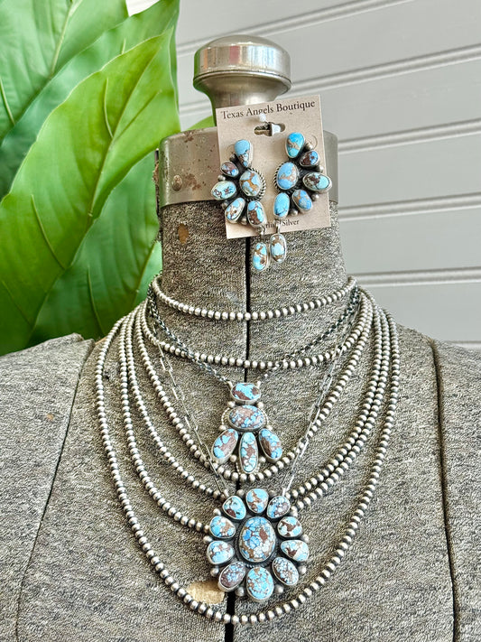 Navajo Handmade Sterling Silver Golden Hills Turquoise Cluster Necklace