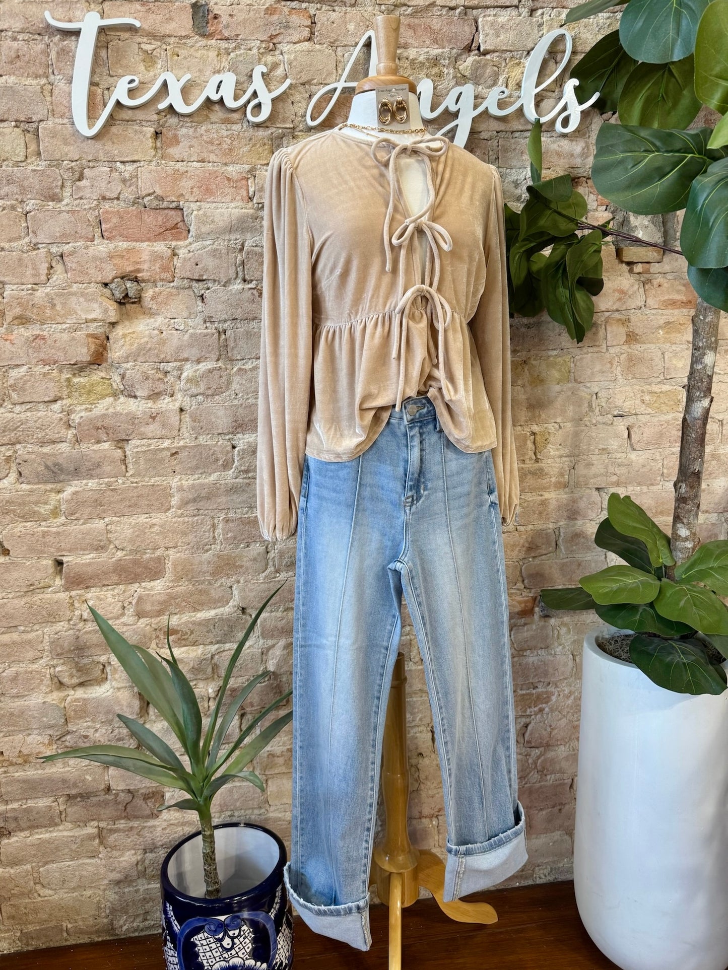 40% Off - Timing Is Everything Taupe Velvet Blouse