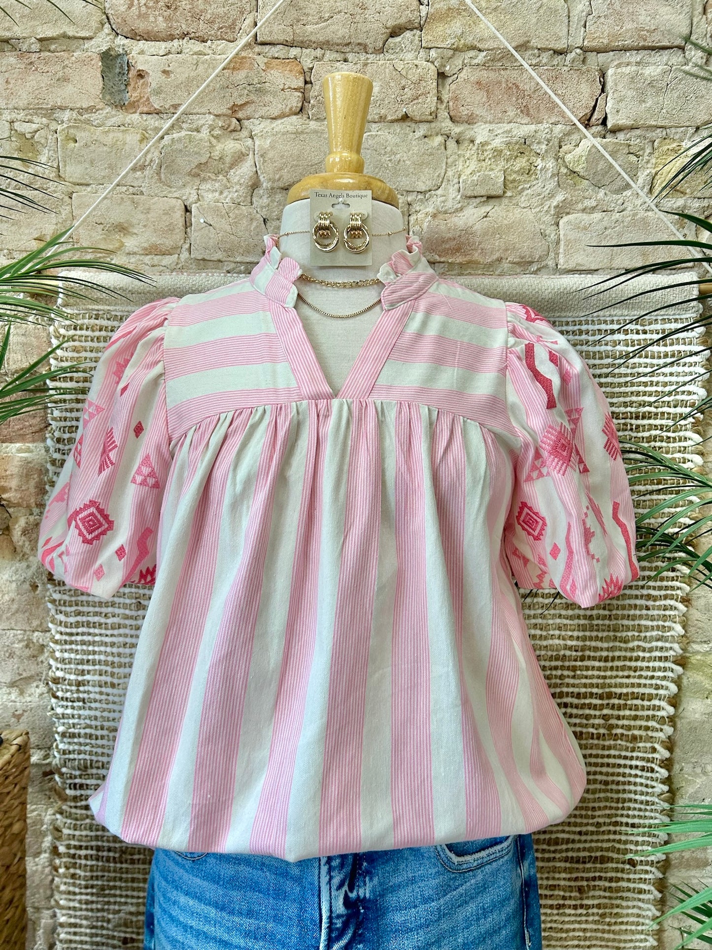 Sweet Girl Embroidered Striped Pink Blouse
