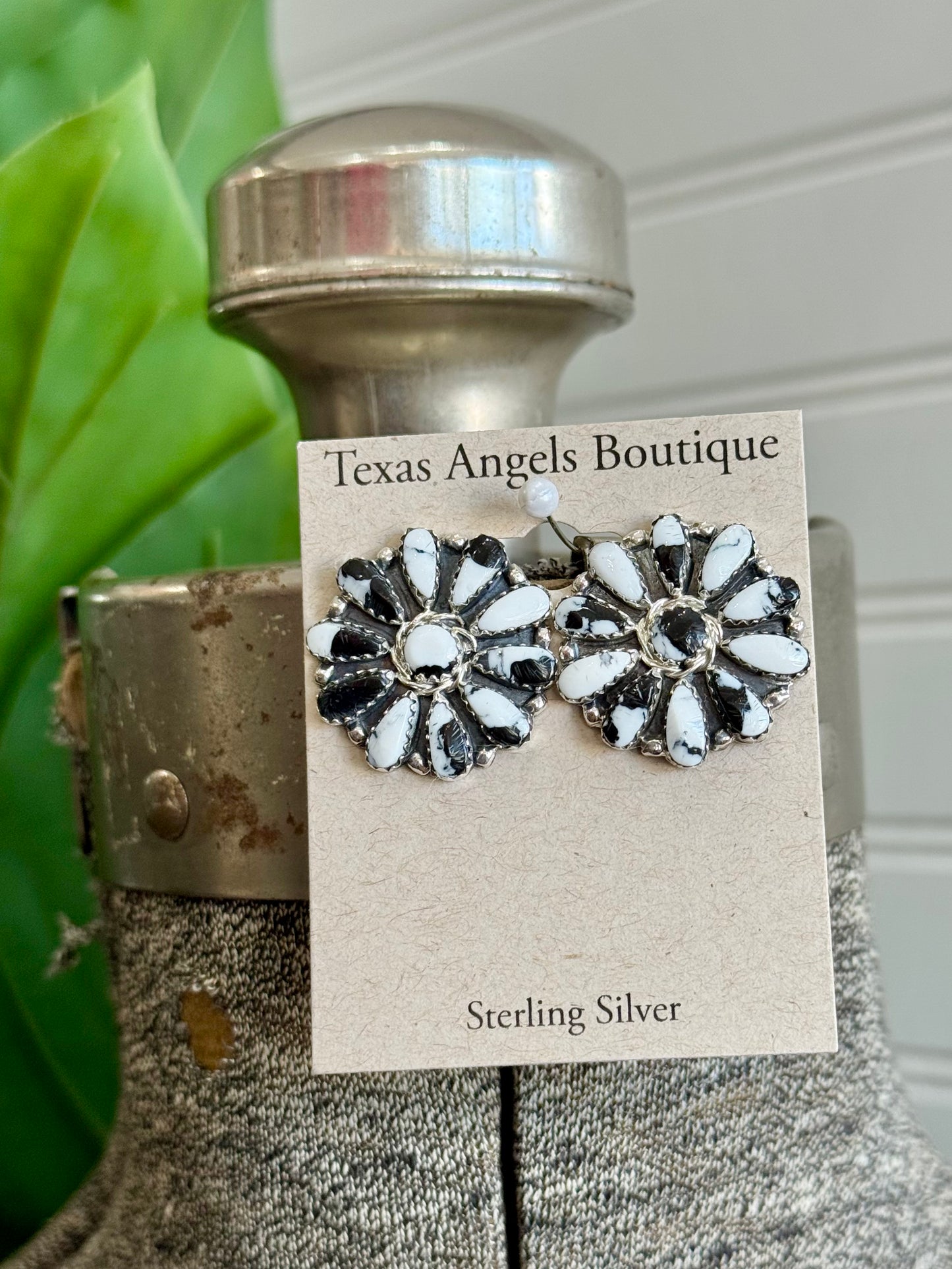 Native Navajo Handmade Sterling Silver White Buffalo Cluster Stud Earrings