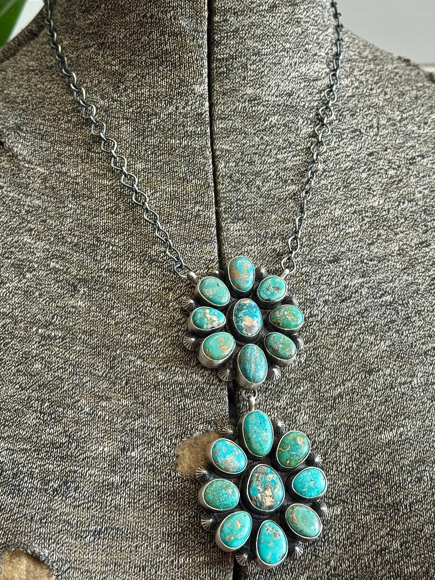 Navajo Handmade Silver Sonoran Gold Turquoise Cluster Necklace