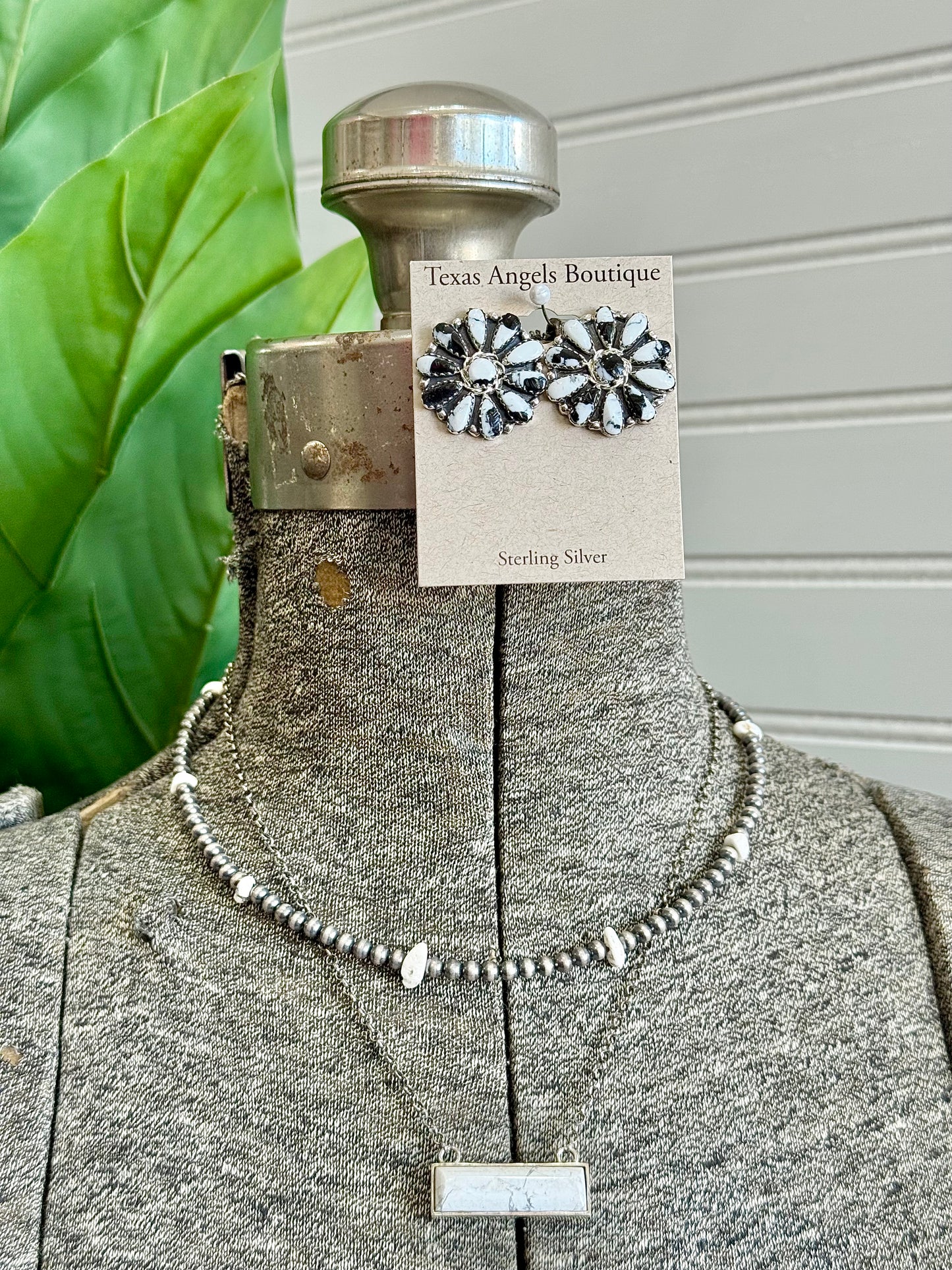 Native Navajo Handmade Sterling Silver White Buffalo Cluster Stud Earrings