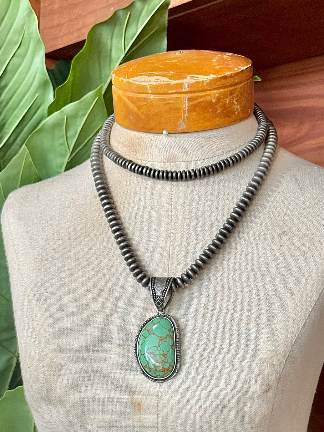 Green Pendant & Silver Saucer Beaded Necklace