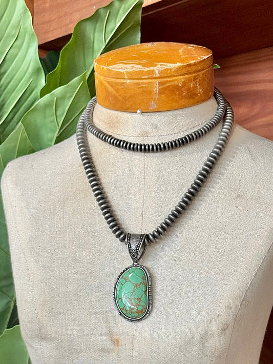 Green Pendant & Silver Saucer Beaded Necklace