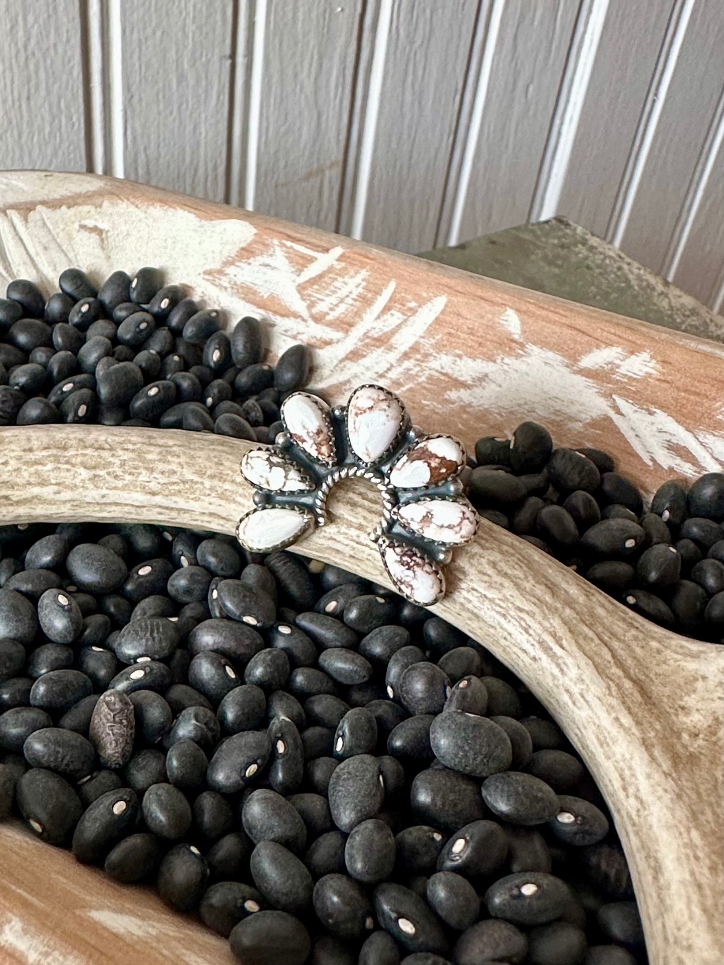 Sterling Silver & White Buffalo Half Cluster Adjustable Ring