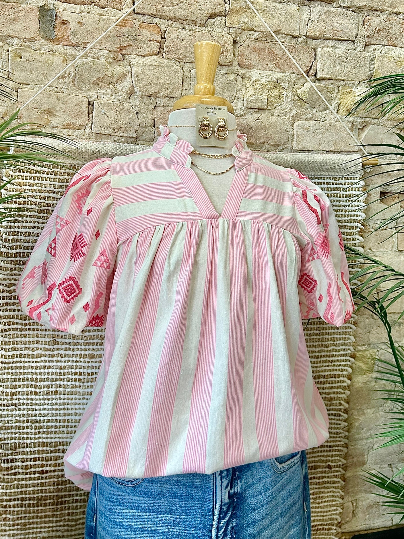 Sweet Girl Embroidered Striped Pink Blouse