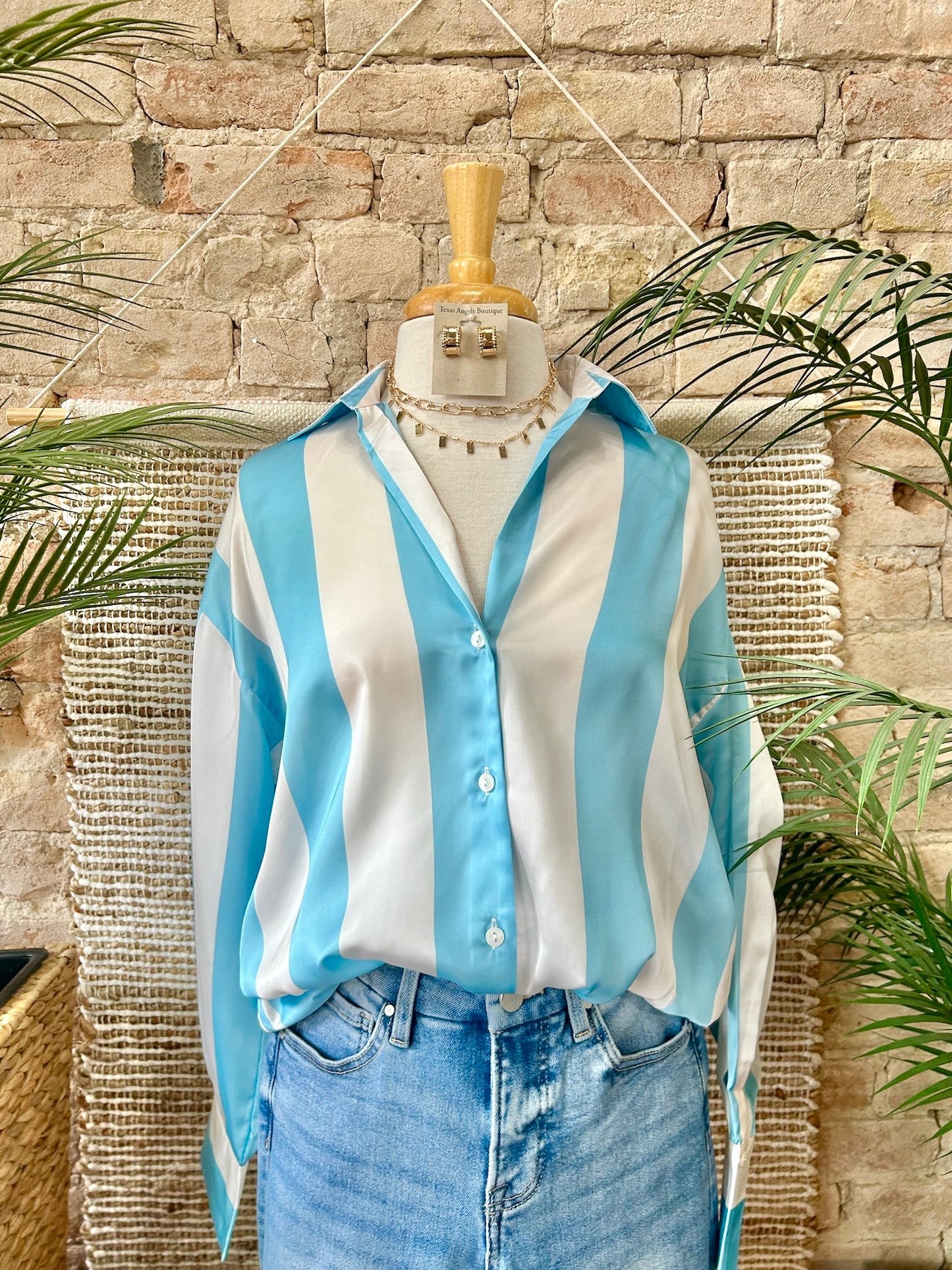 You Are My Sunshine Light Blue Striped Satin Blouse