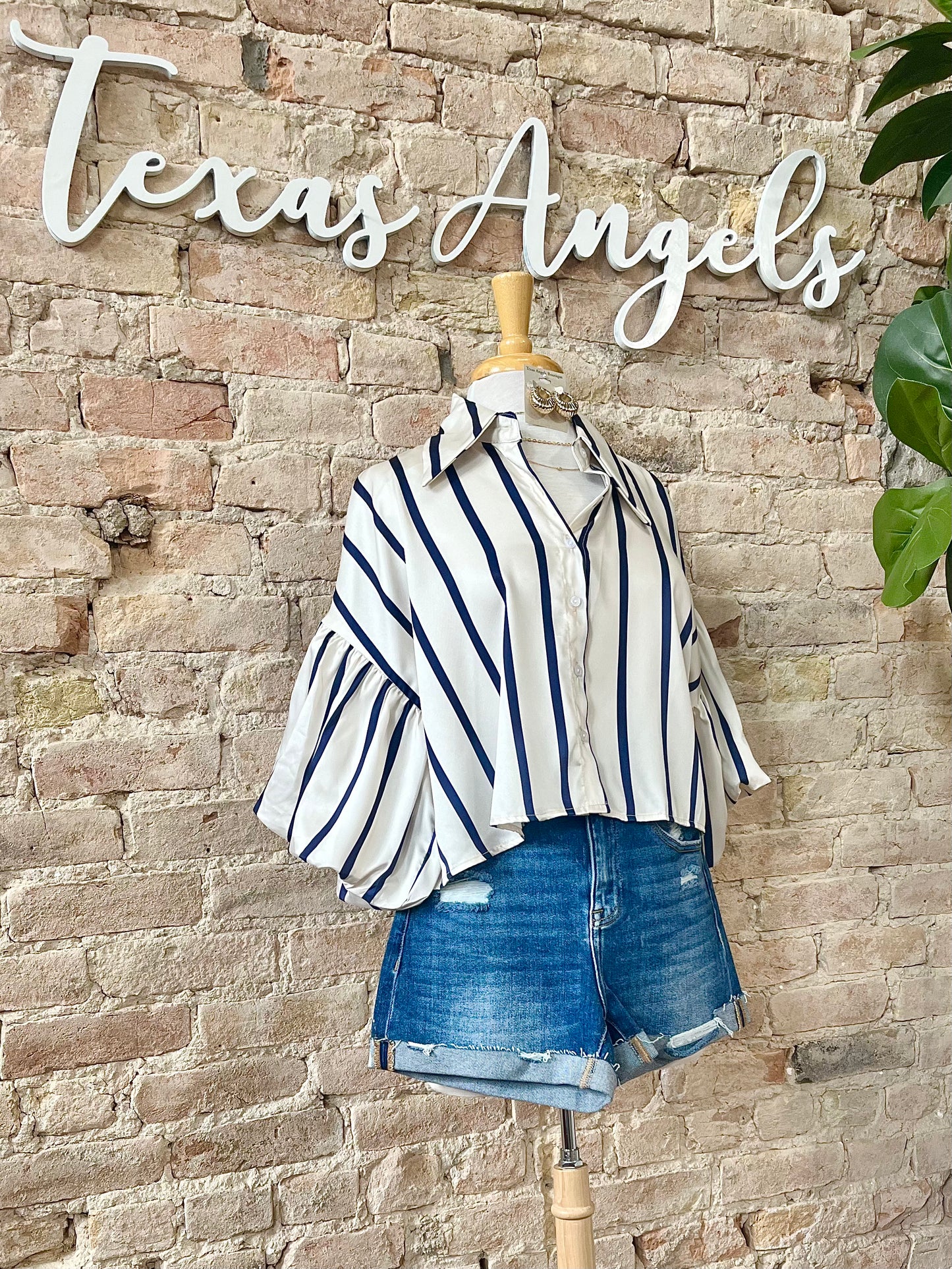 A Sweet Surprise Navy Striped Satin Blouse