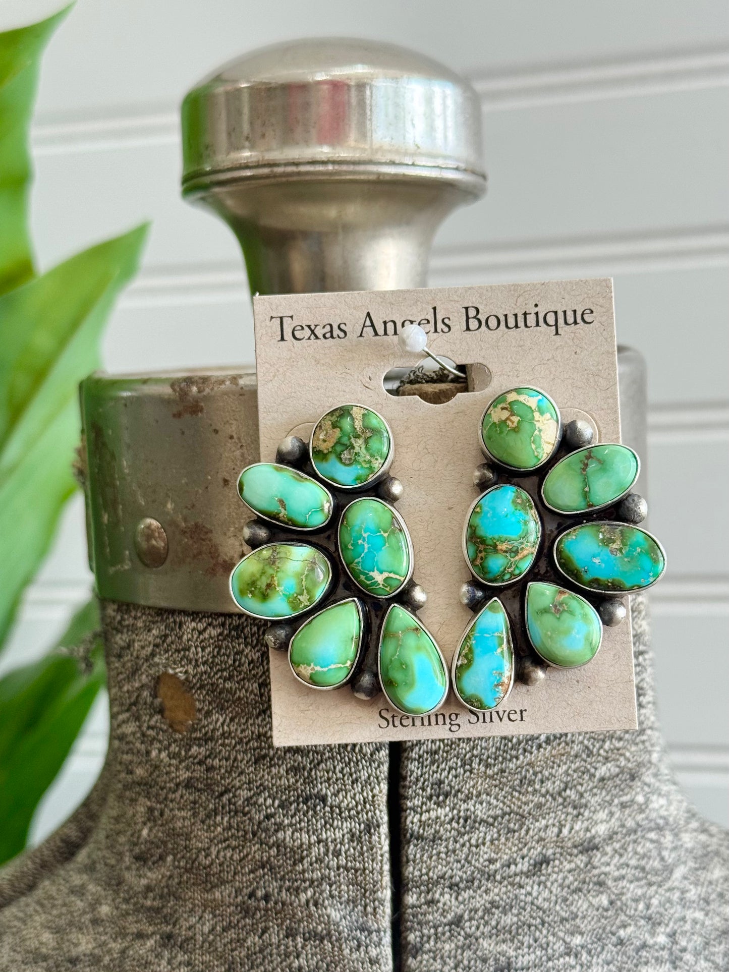 Navajo Handmade Sterling Silver Sonoran Gold Turquoise Half Cluster Earrings