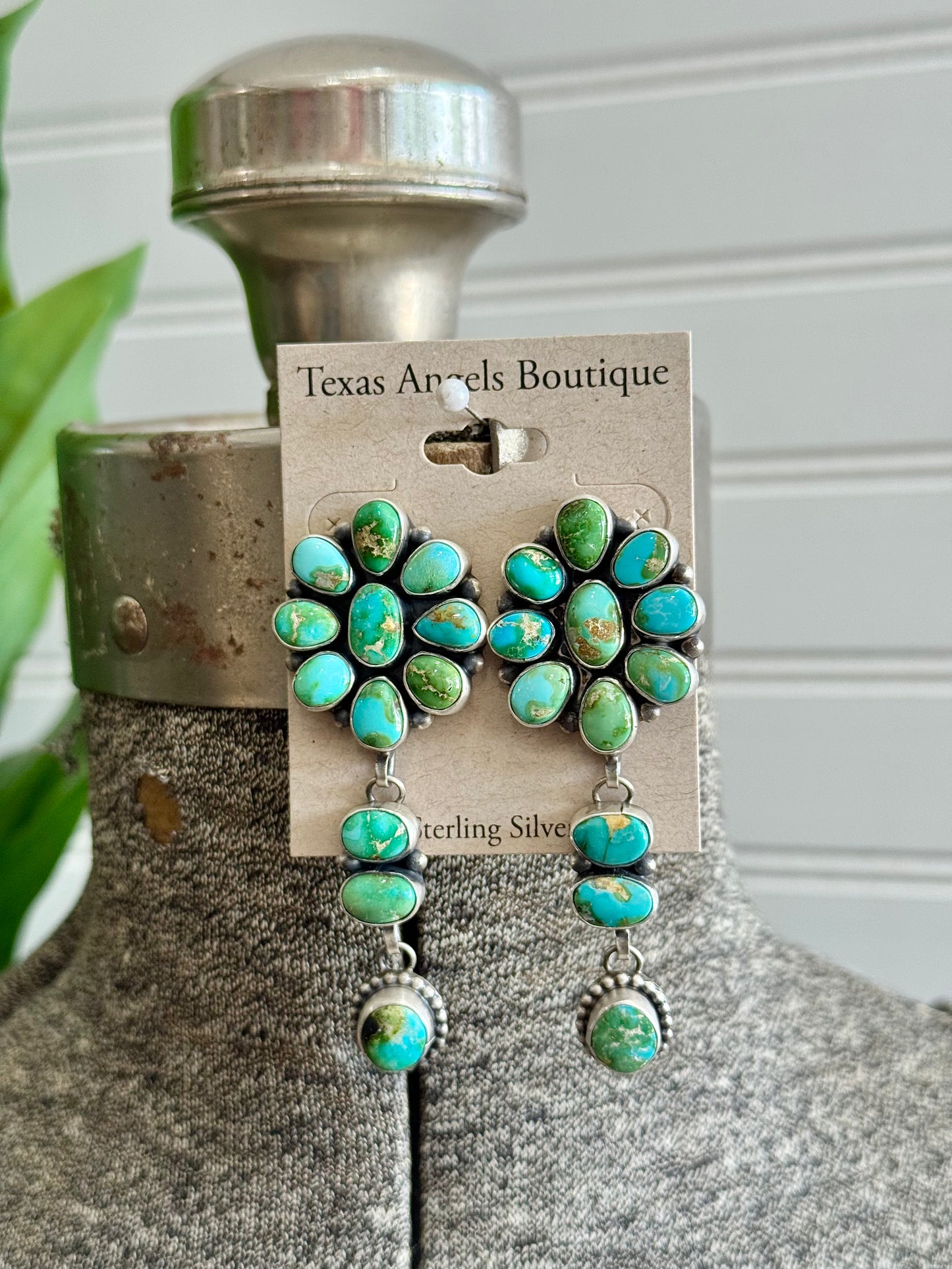 Navajo Handmade Silver Sonoran Gold Turquoise Cluster Earrings