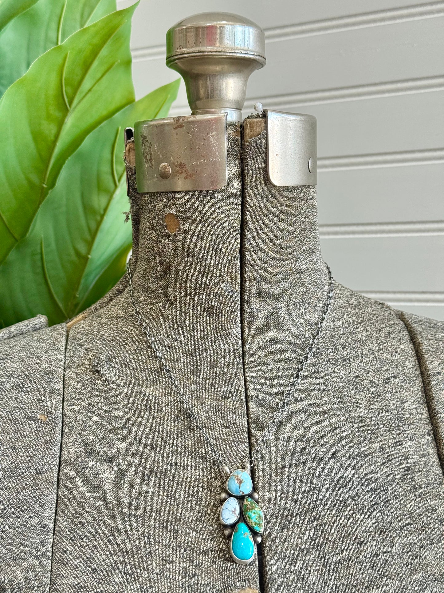 Native Navajo Handmade Sterling Silver Mixed Turquoise Cluster Necklace