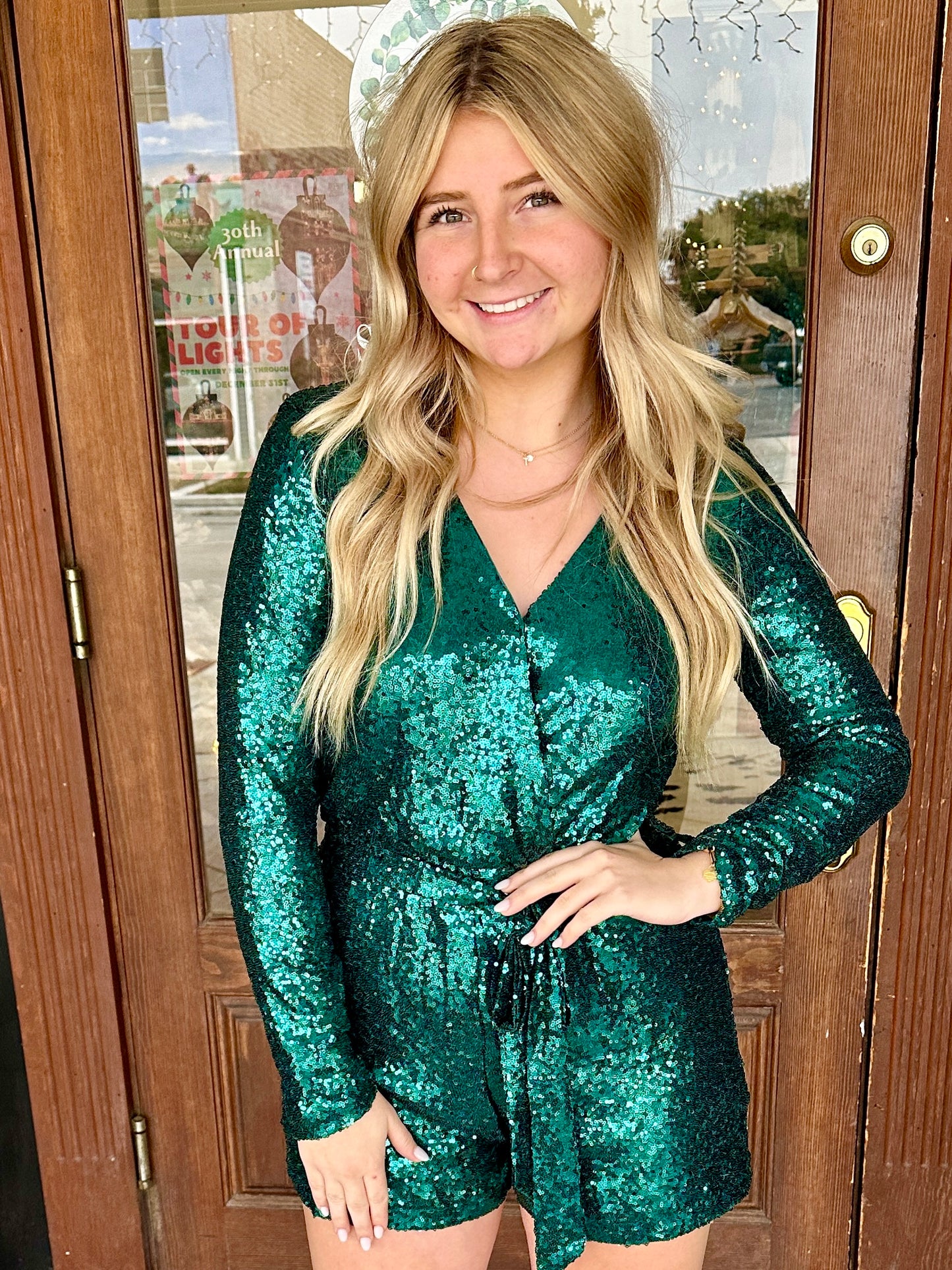 60% Off - Glowing In Green Sequin Romper