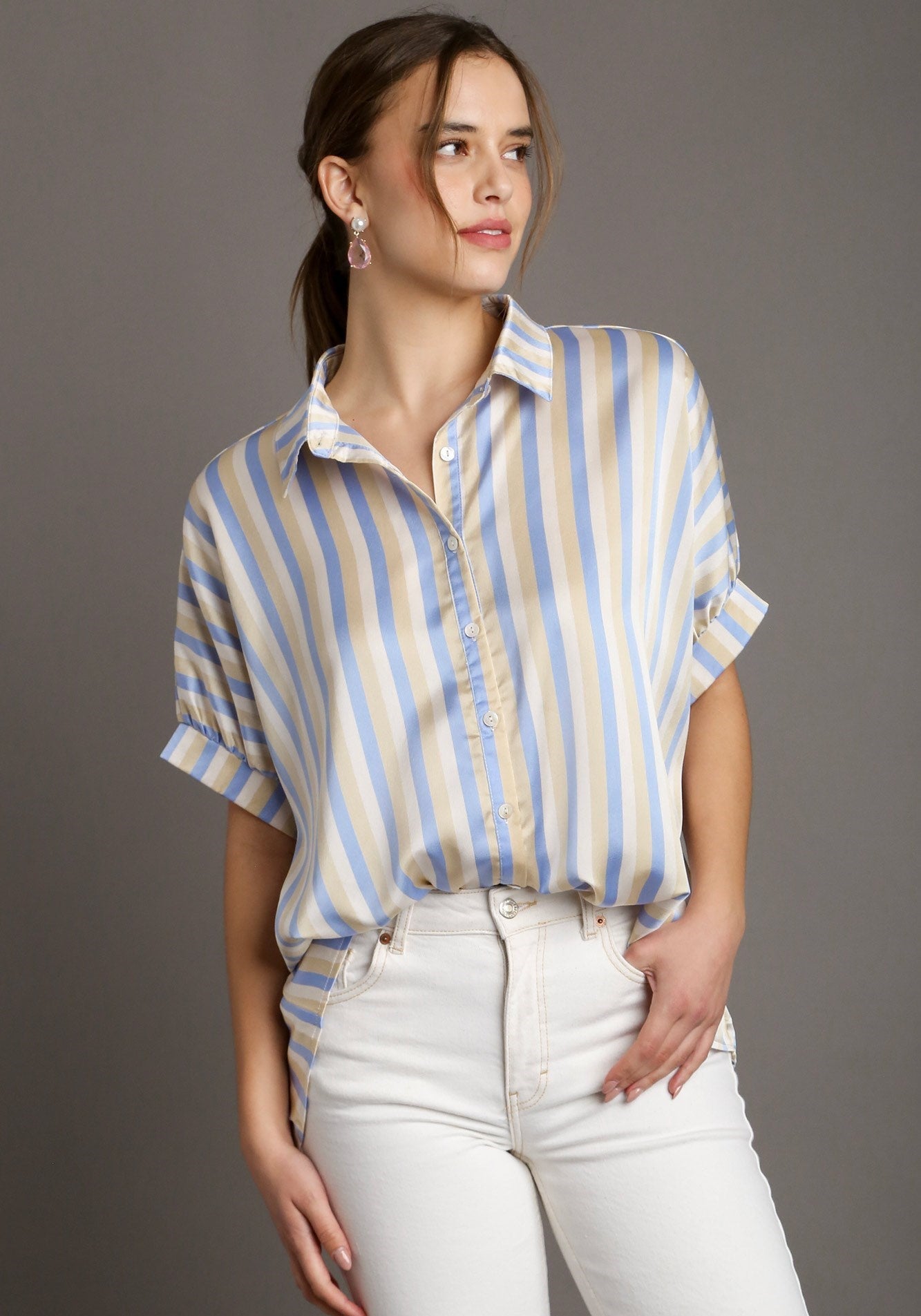 50% Off - Sunglasses & Sandals Striped Satin Blouse