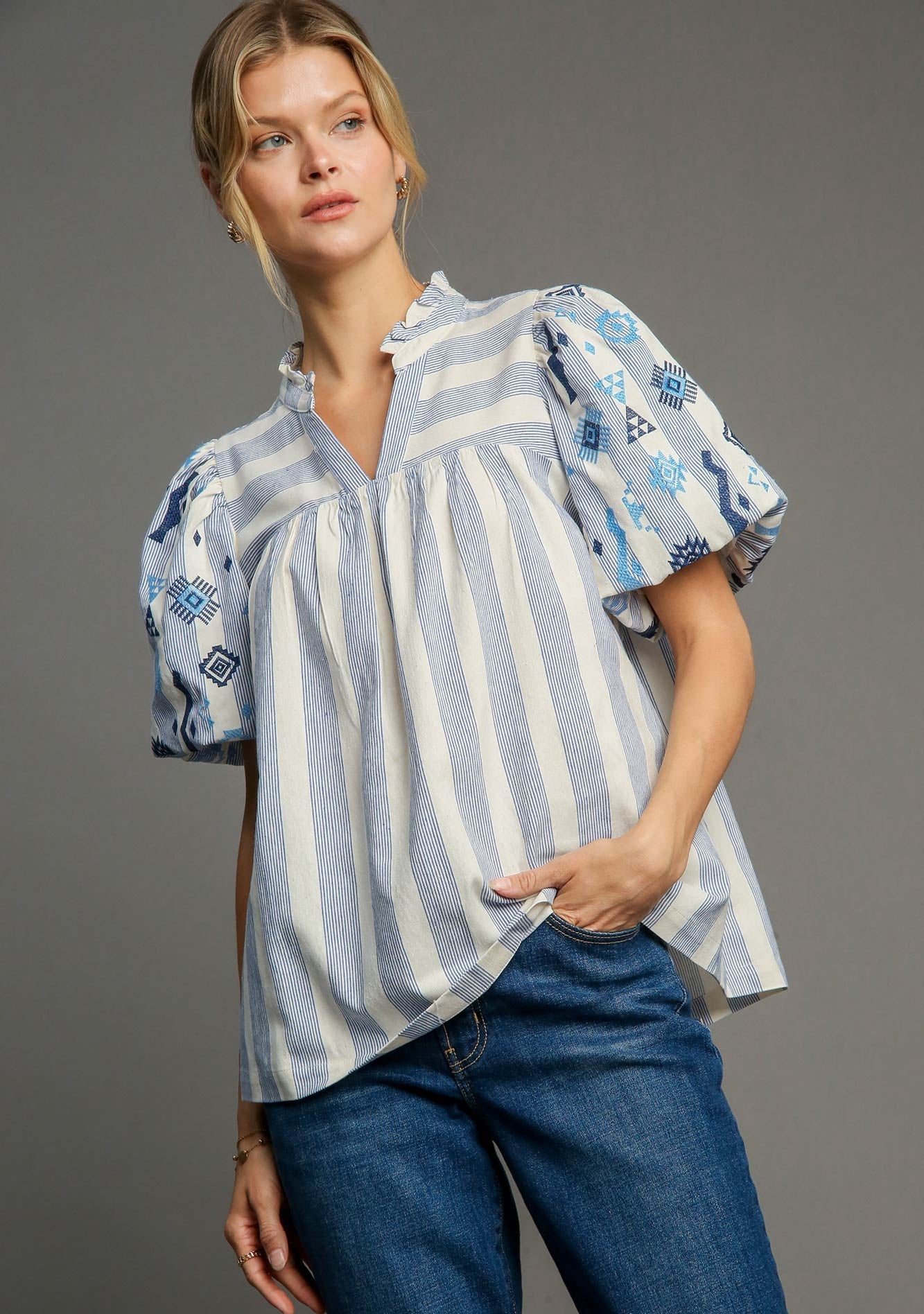 Sweet Girl Embroidered Striped Blue Blouse