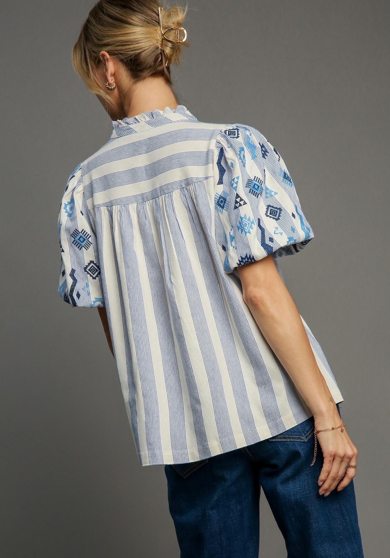 Sweet Girl Embroidered Striped Blue Blouse