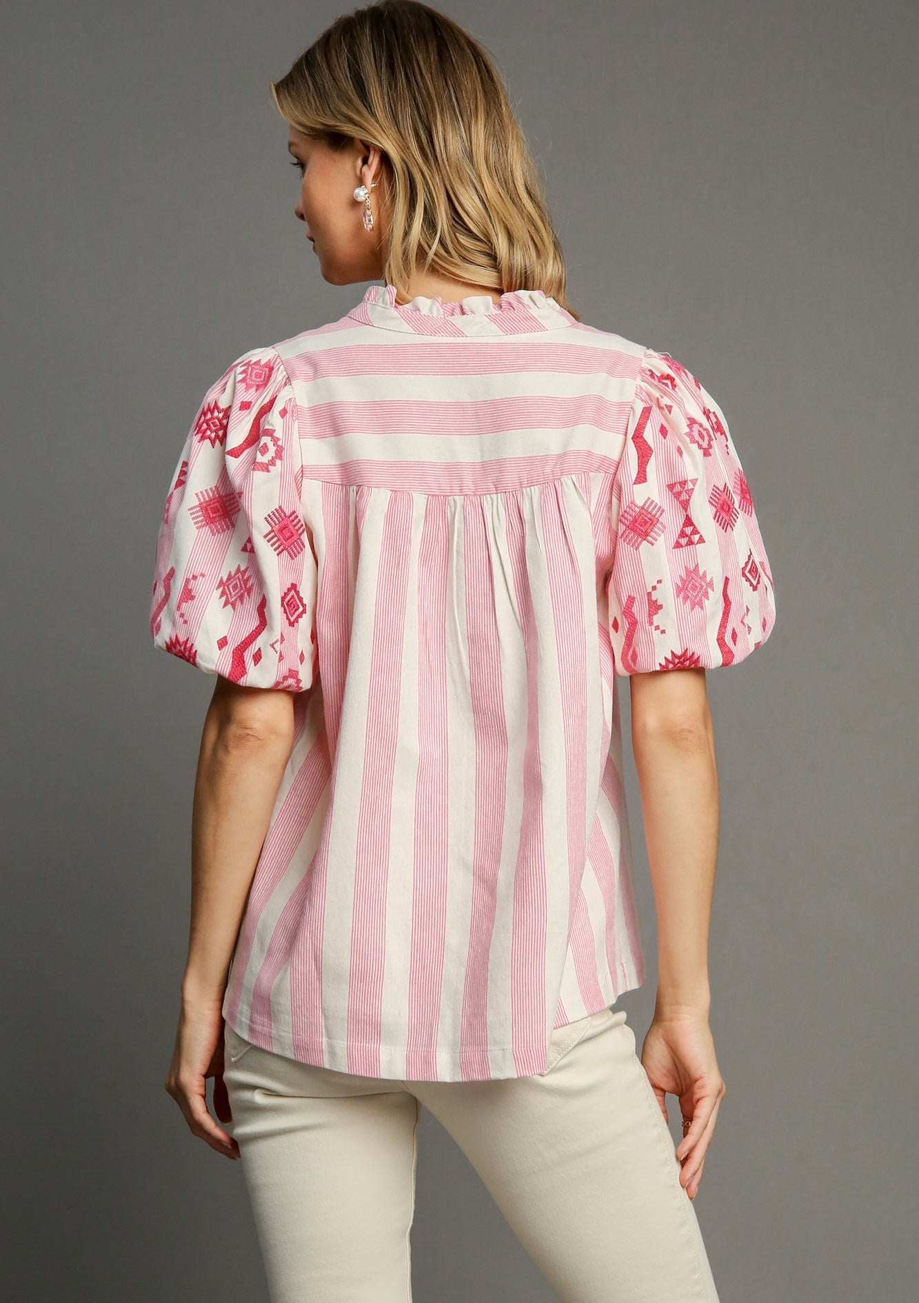 Sweet Girl Embroidered Striped Pink Blouse