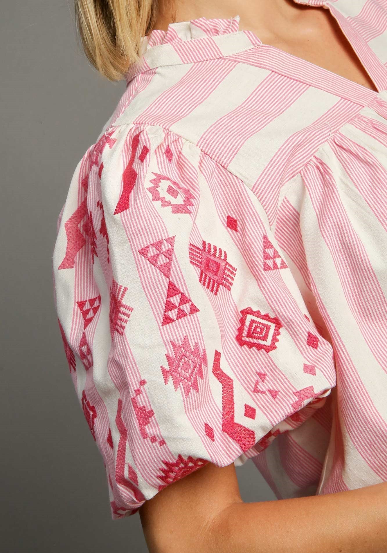 Sweet Girl Embroidered Striped Pink Blouse
