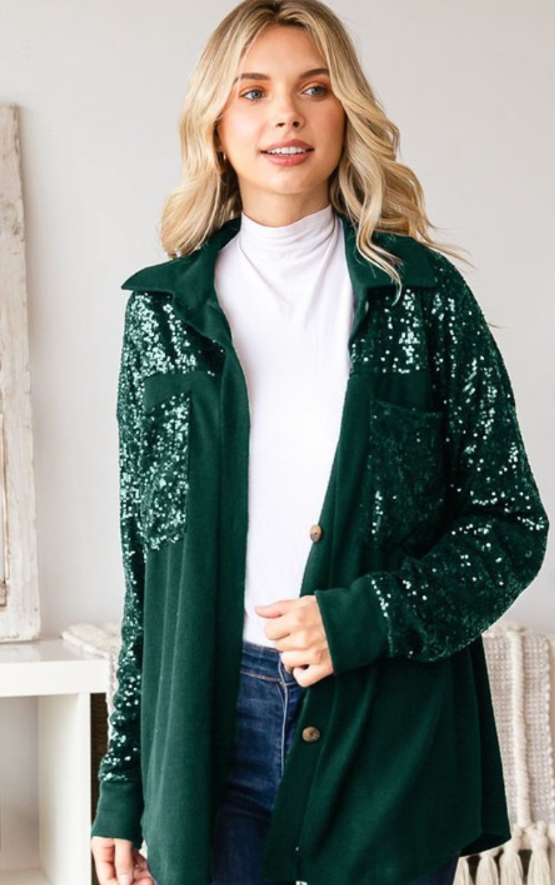 It's Beginning To Look A Lot Like Christmas Green Sequin Shacket