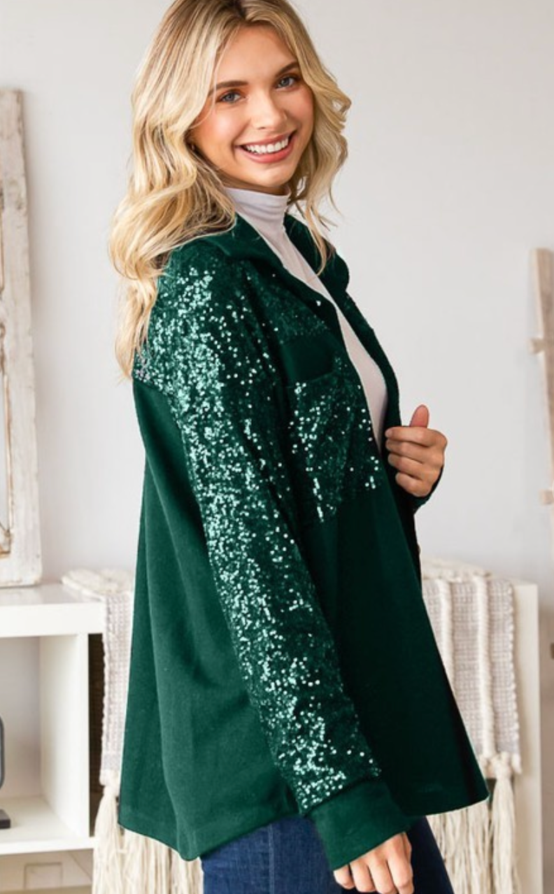 It's Beginning To Look A Lot Like Christmas Green Sequin Shacket
