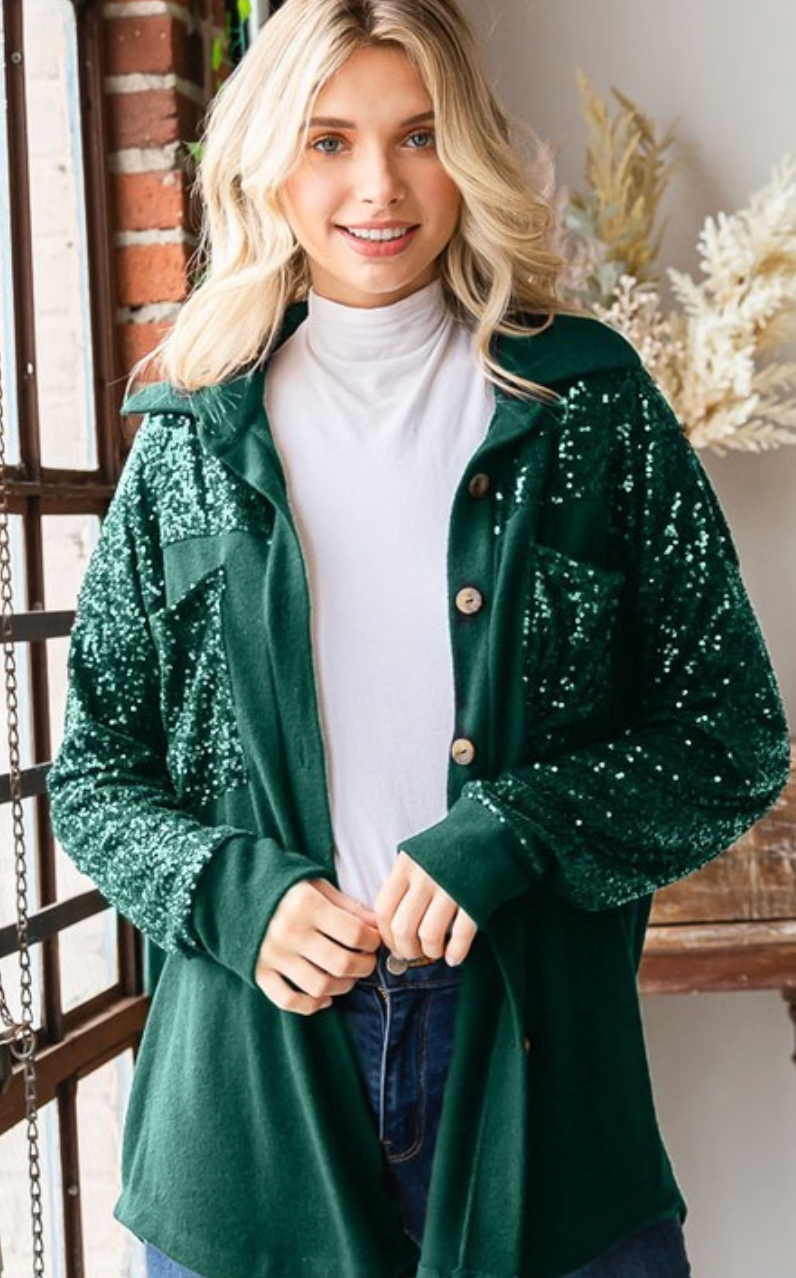 It's Beginning To Look A Lot Like Christmas Green Sequin Shacket