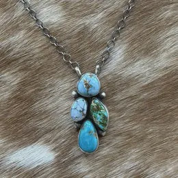 Native Navajo Handmade Sterling Silver Mixed Turquoise Cluster Necklace