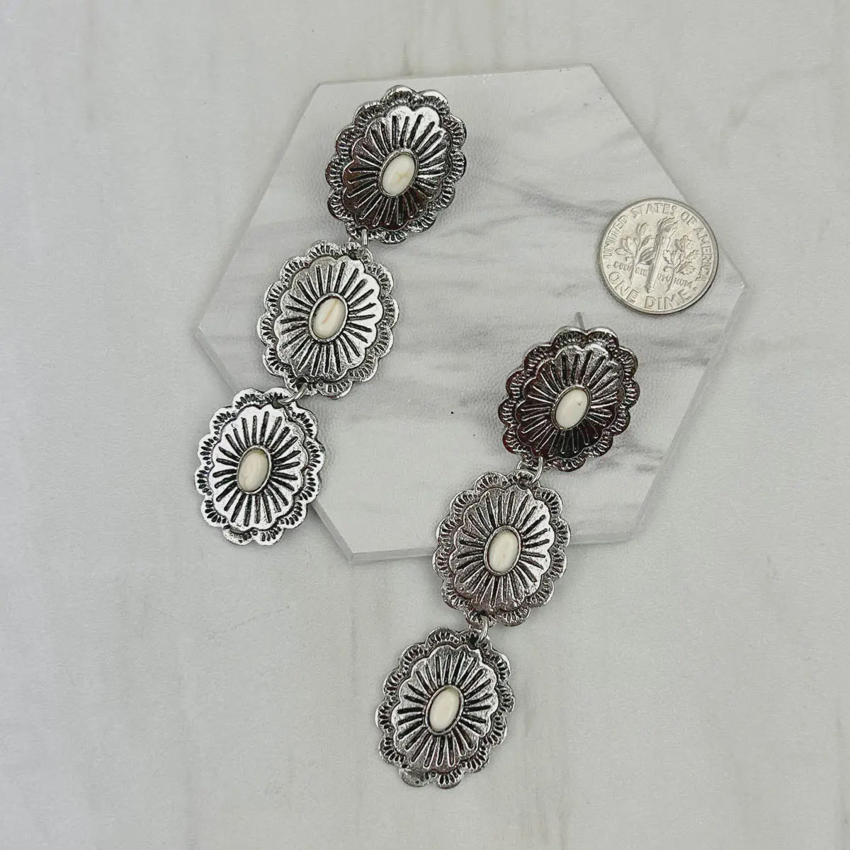 White Dangle Concho Earrings