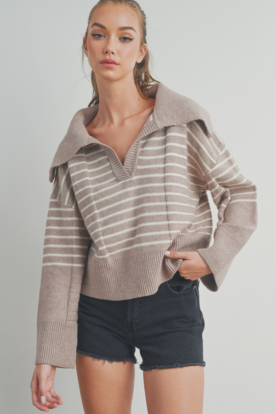 Life’s Too Short Taupe Striped Collared Sweater