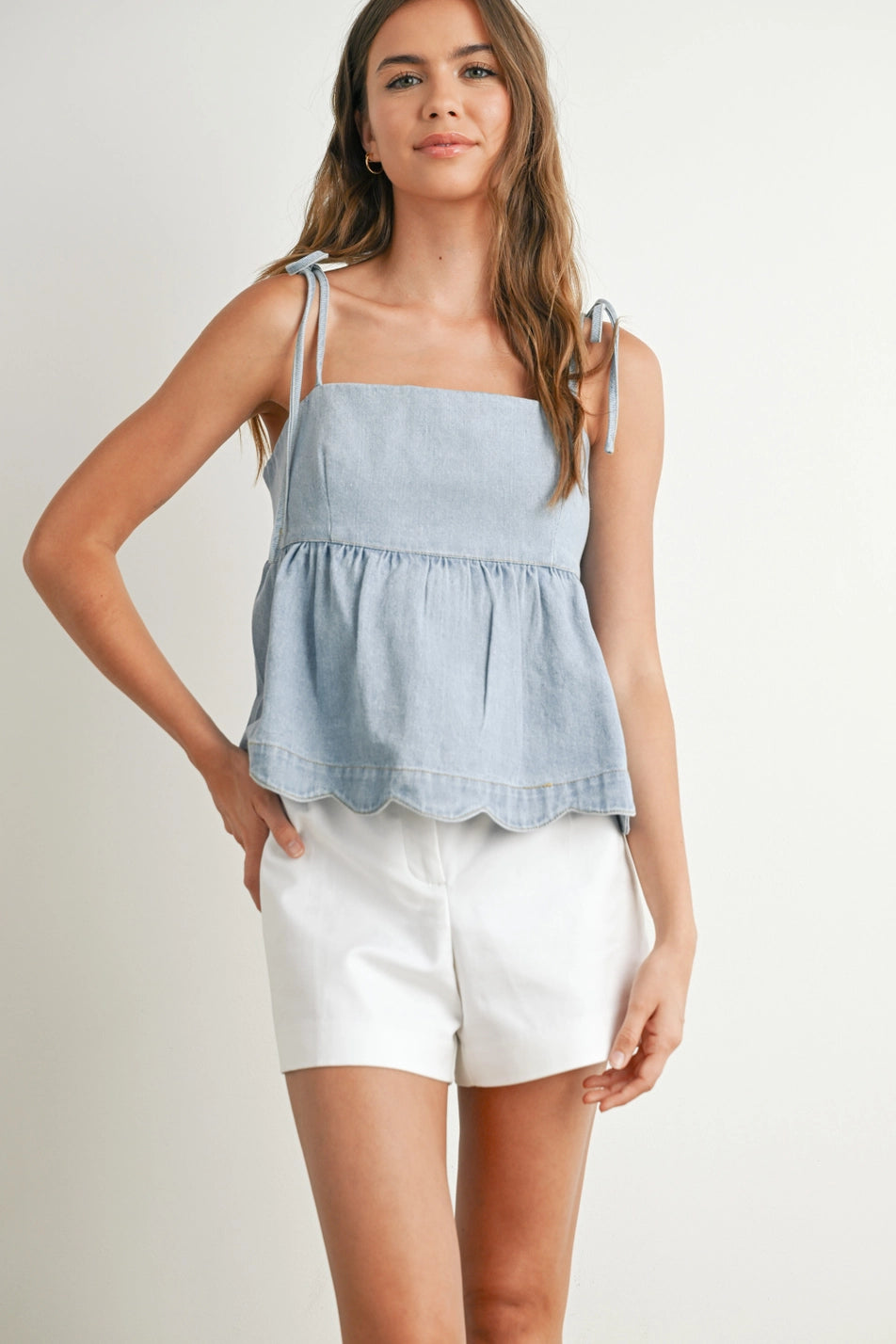 On Shore Time Scalloped Light Denim Top