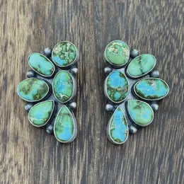 Navajo Handmade Sterling Silver Sonoran Gold Turquoise Half Cluster Earrings