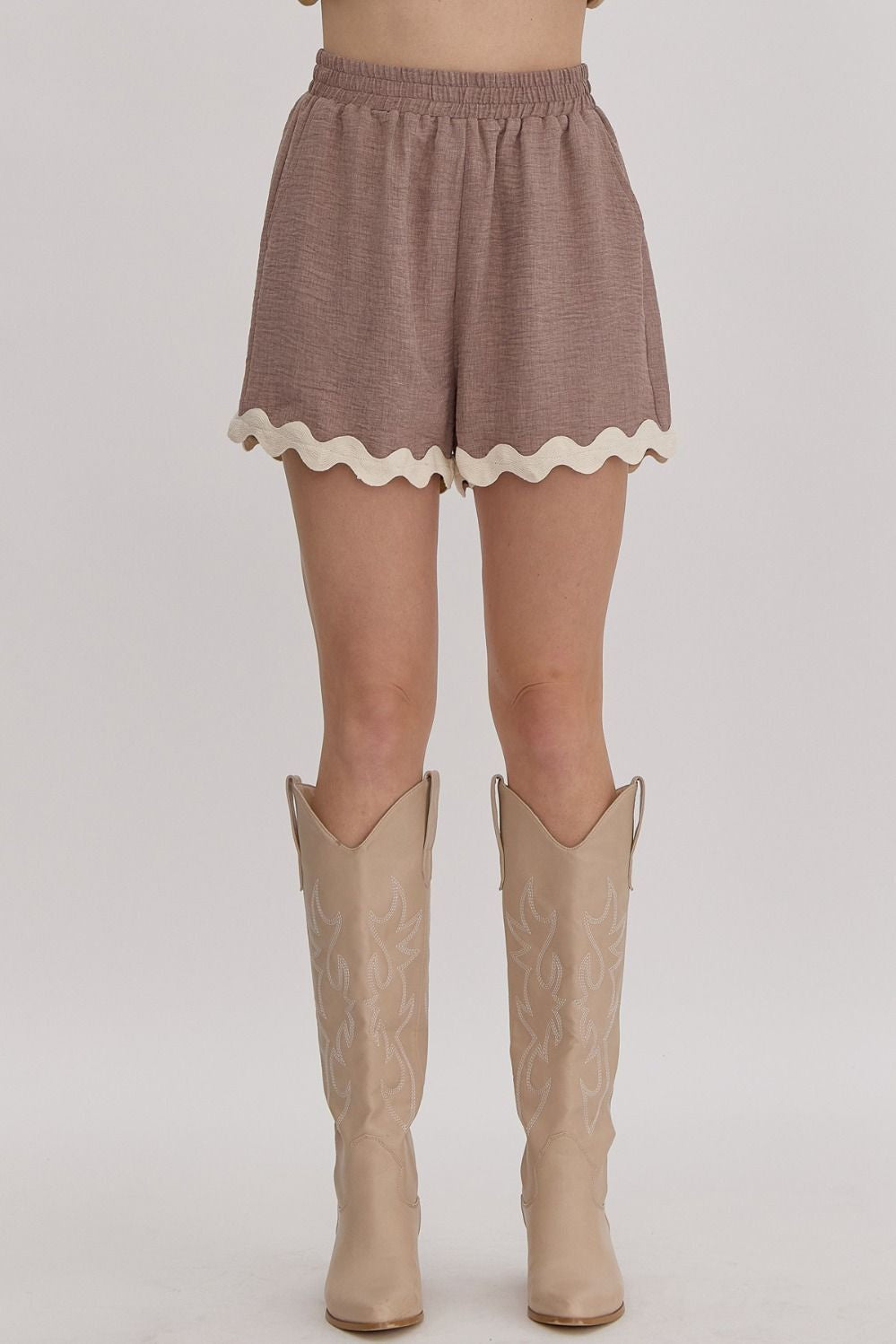 50% Off - That's What She Said Mocha Scalloped Hem Shorts