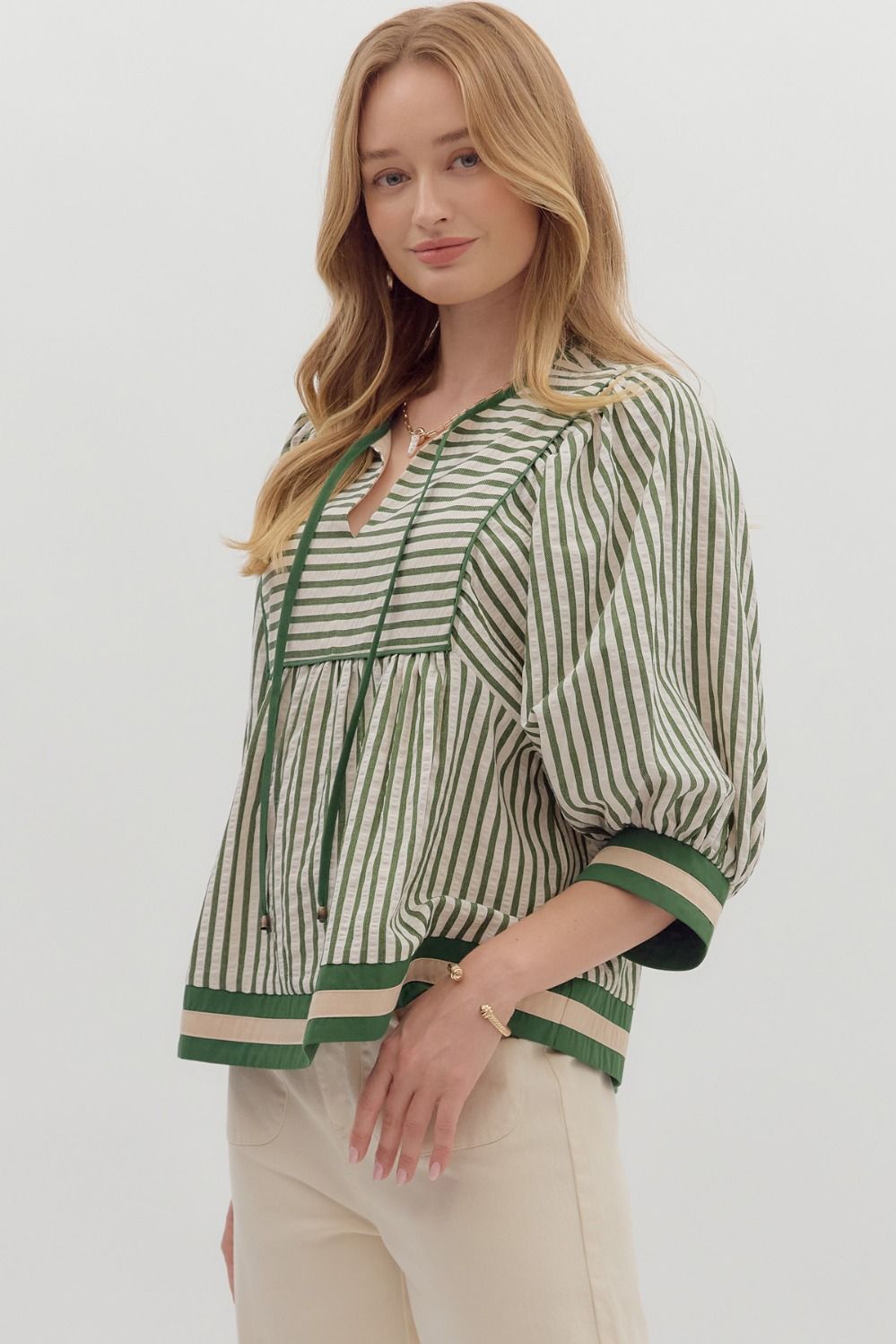 Falling Into Place Green Striped Blouse