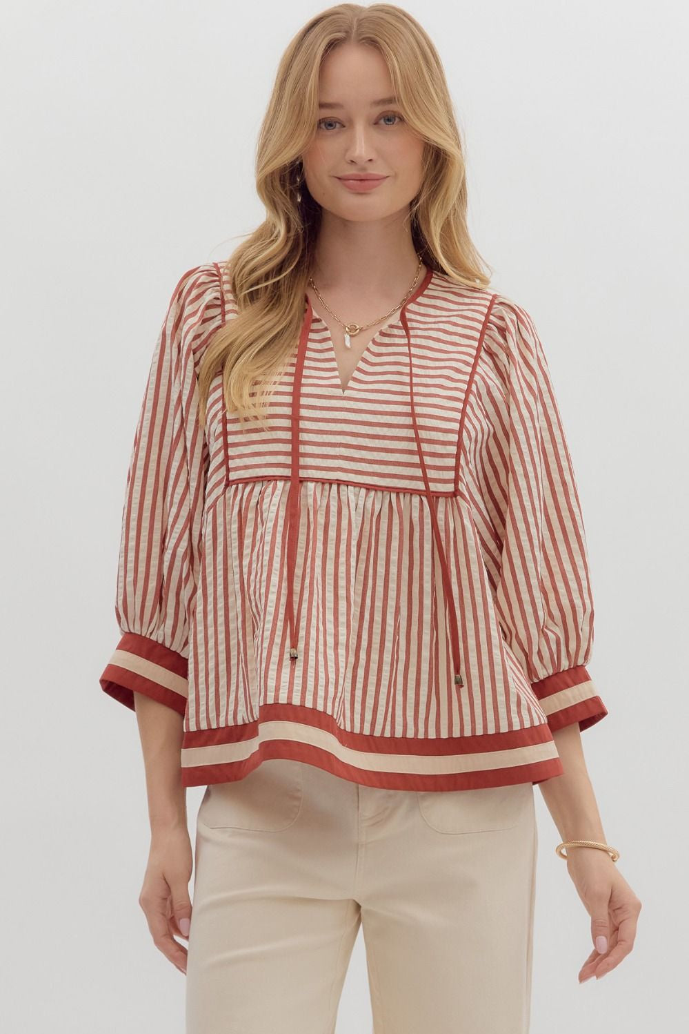 Falling Into Place Rust Striped Blouse