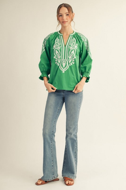 Getaway Kelly Green Embroidered Blouse