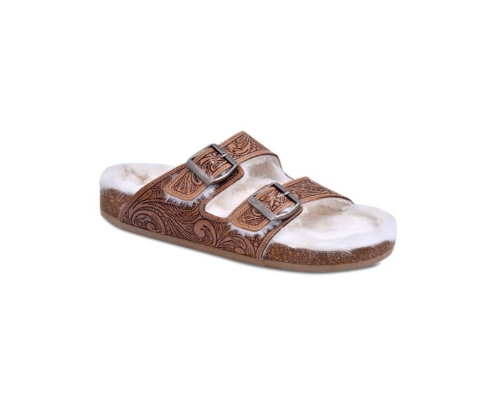 50% Off - MYRA Tooled Leather Fur Sandals