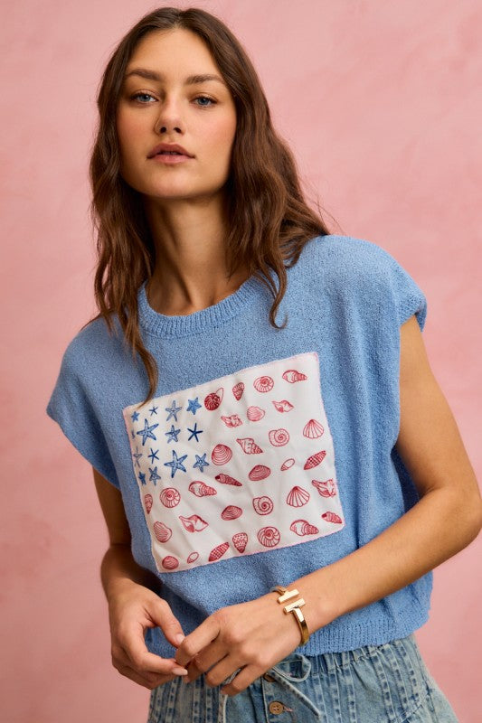 It Shore Is A Good Life Flag Knit Top