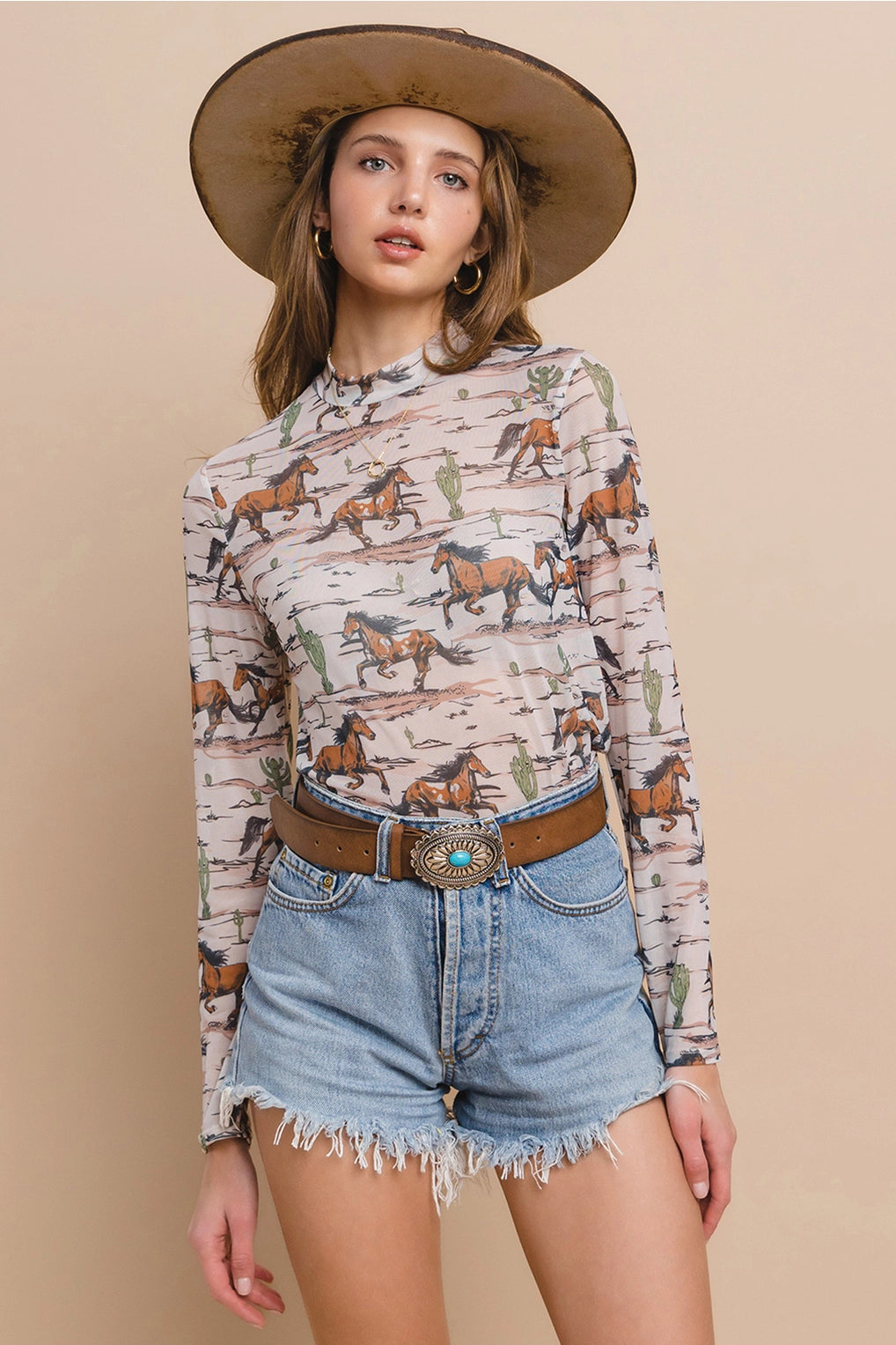 RESTOCK Don't Get Caught Up Cactus Horse Mesh Top