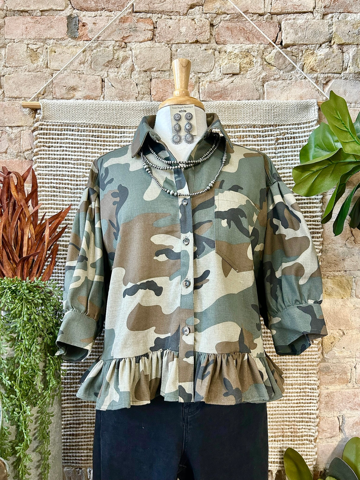 Outskirts Of Heaven Camo Ruffled Hem Blouse