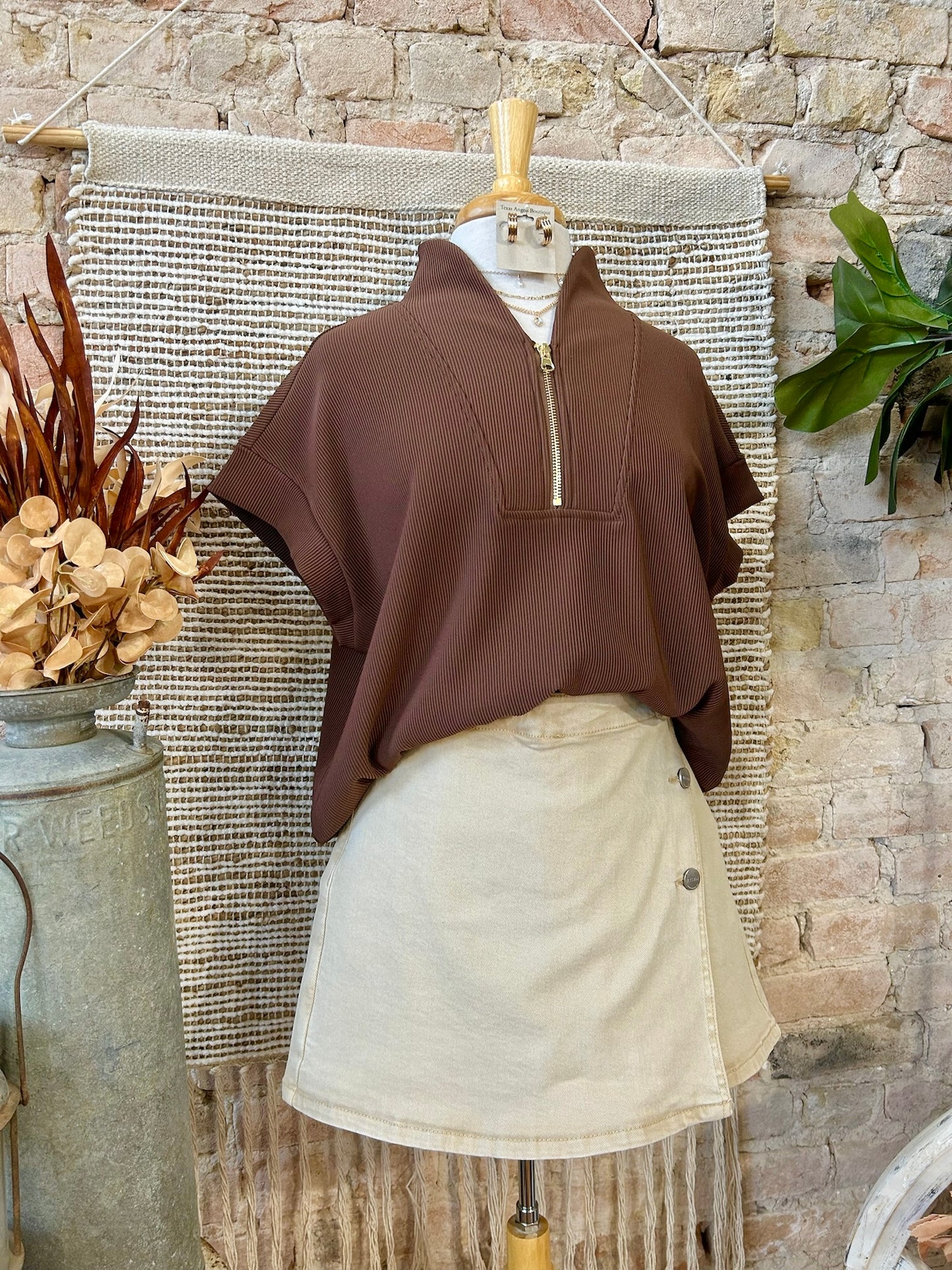Just A Matter Of Time Brown Zip Up Top