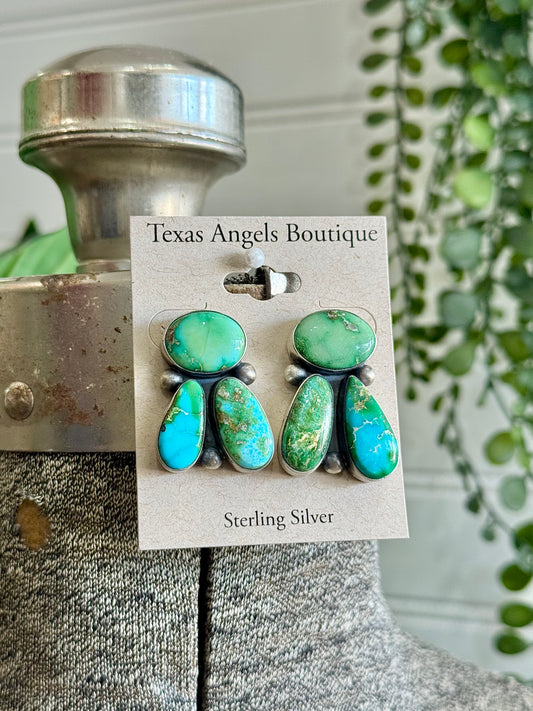 Navajo Handmade Sterling Silver Sonoran Gold Turquoise Cluster Post Earrings