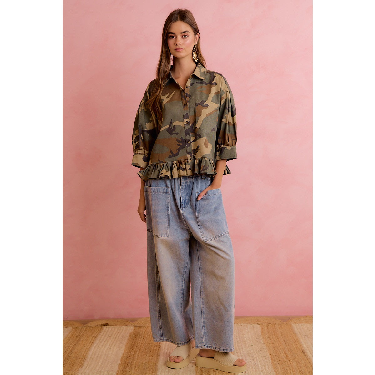 Outskirts Of Heaven Camo Ruffled Hem Blouse