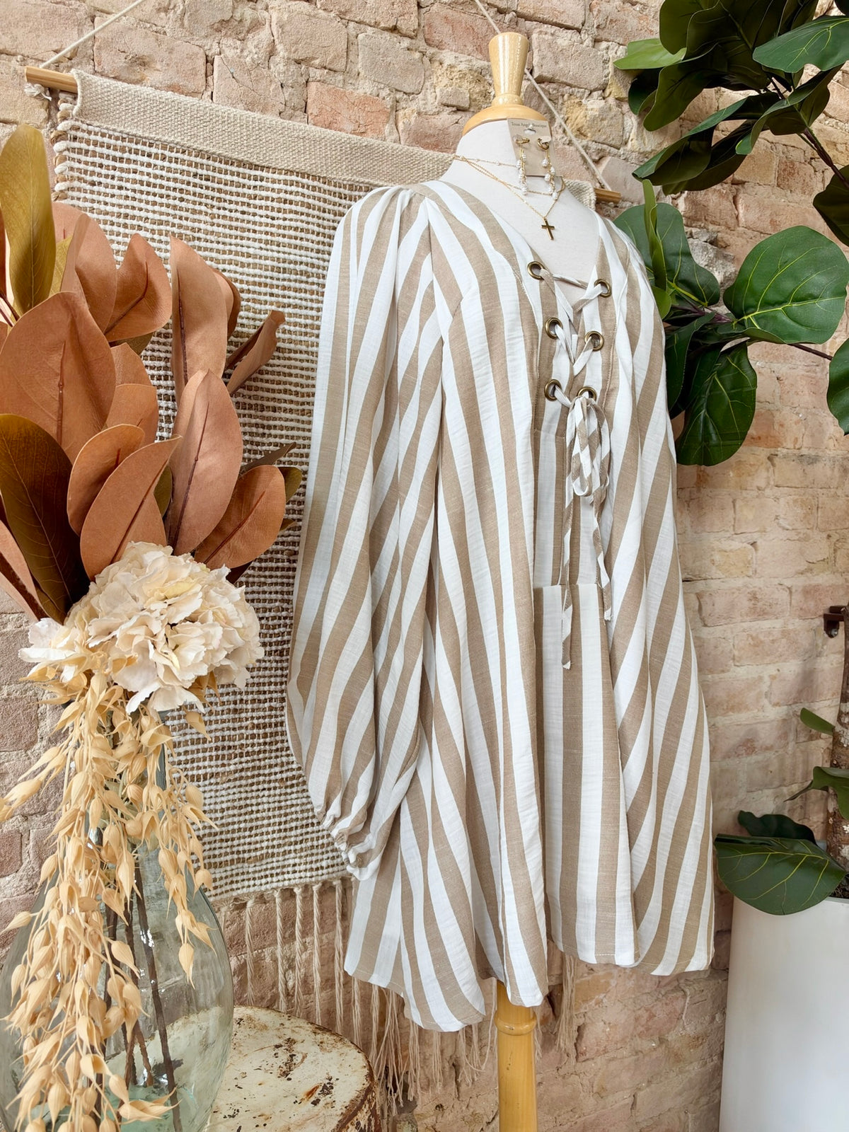 Your Secret Is Safe With Me Striped Mocha Lace Up Dress