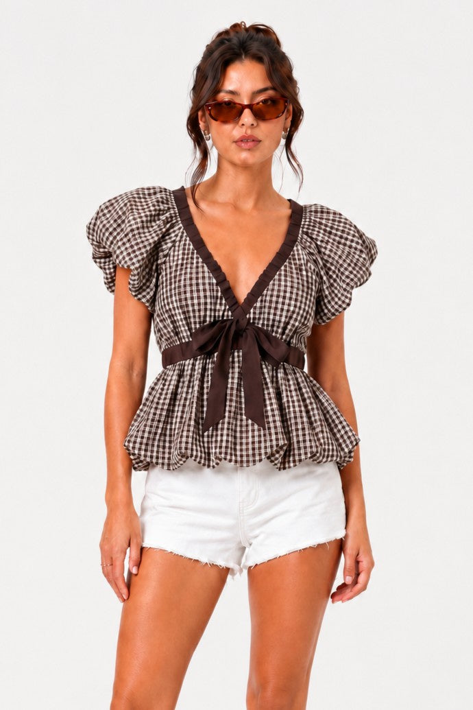I’ll Go Wherever You Go Brown Gingham Blouse