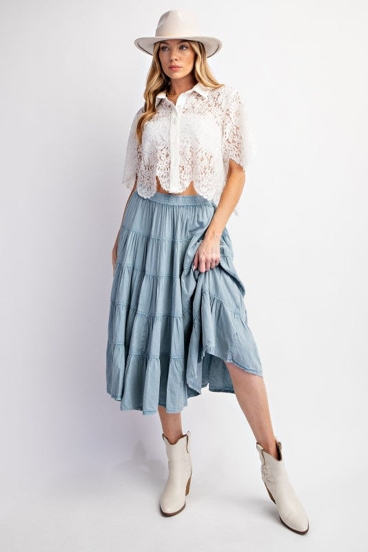 Right On Cowboy Ruffled Denim Mid Maxi