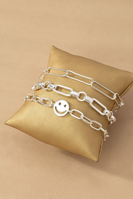 Set Of 3 Silver Smiley Bracelet Set