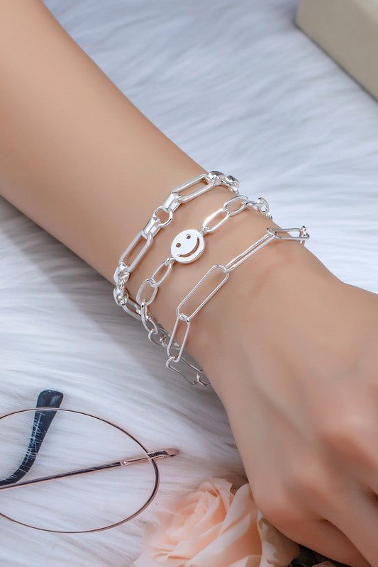 Set Of 3 Silver Smiley Bracelet Set