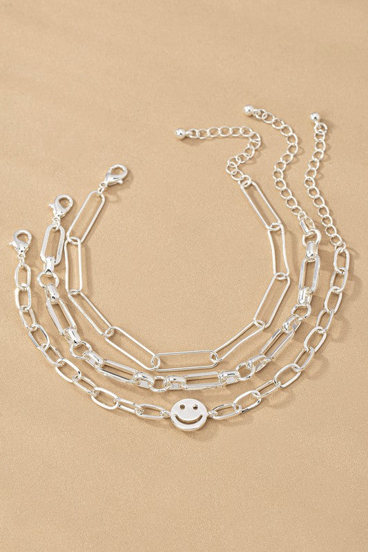 Set Of 3 Silver Smiley Bracelet Set