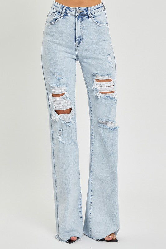 Watch Out Distressed Wide Leg Risen Jeans